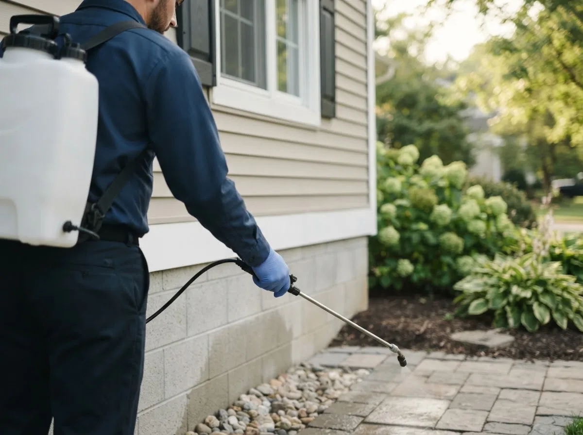 Pest control technician inspecting a home in Harrisburg, NC